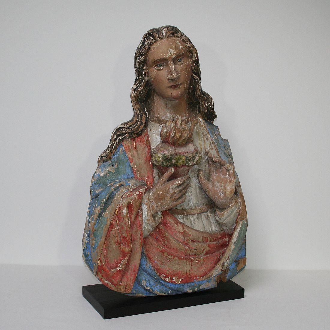 Beautiful baroque Madonna with stunning color, France, circa 1750. Weathered, small losses. Measurement includes the base.