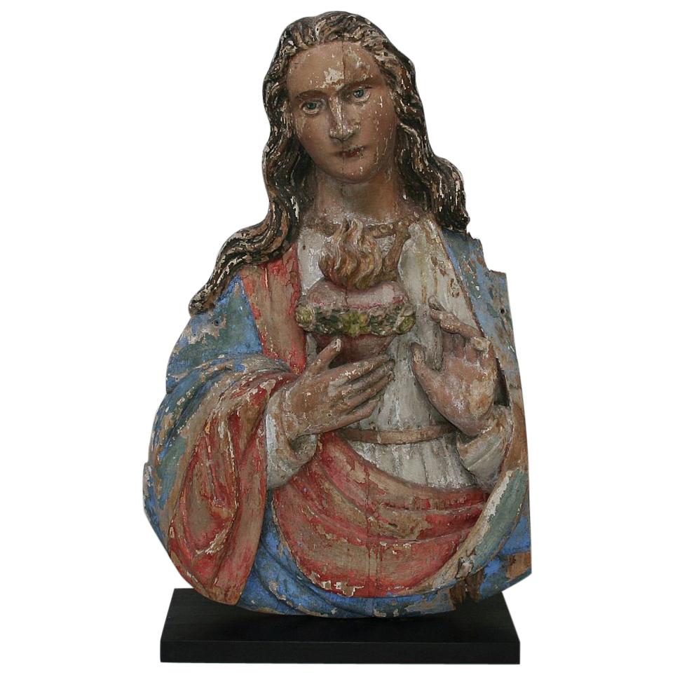 French 18th Century Baroque Painted Wooden Madonna