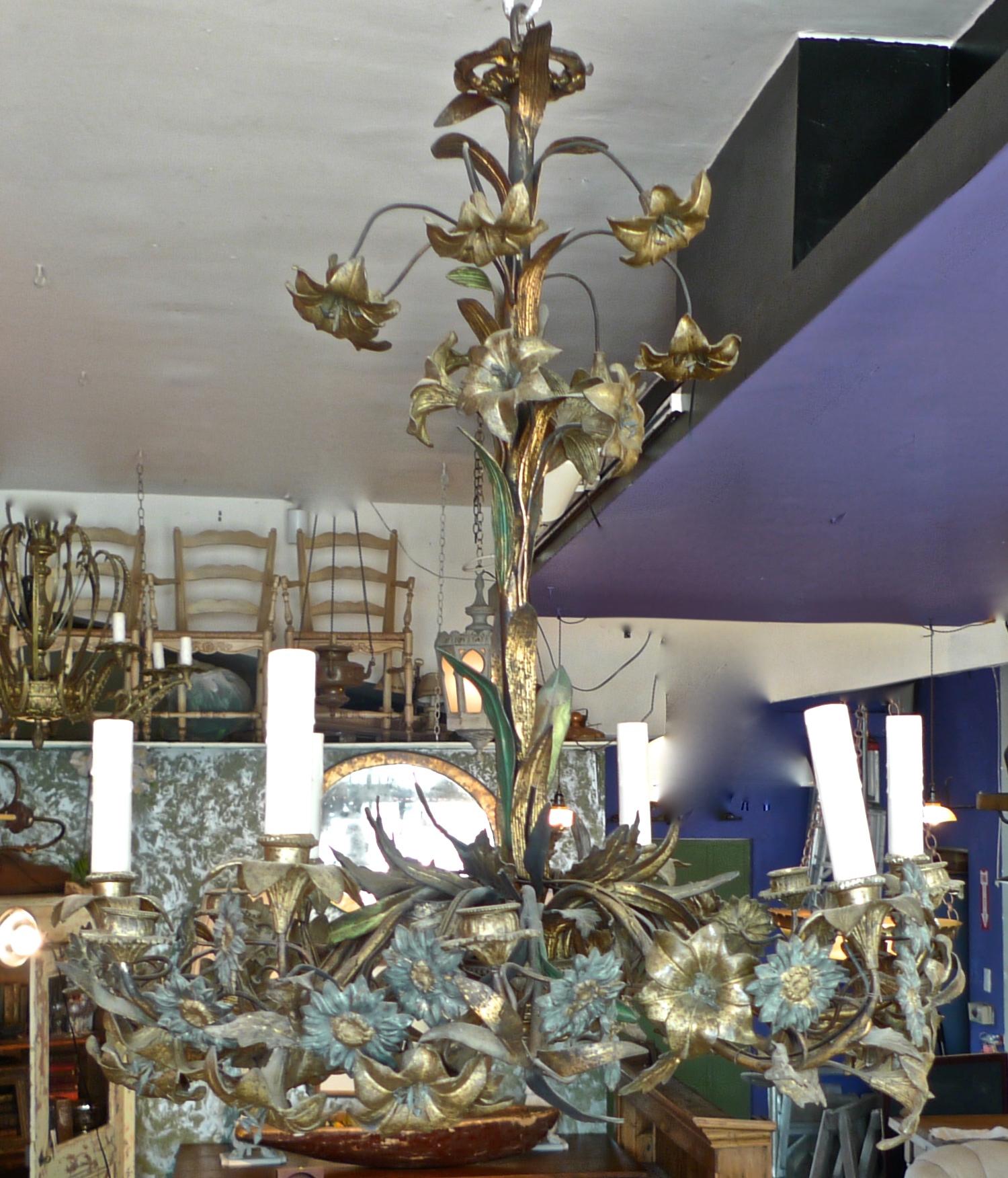French 18th century bronze chandelier with painted leaves and 6 outer lights.