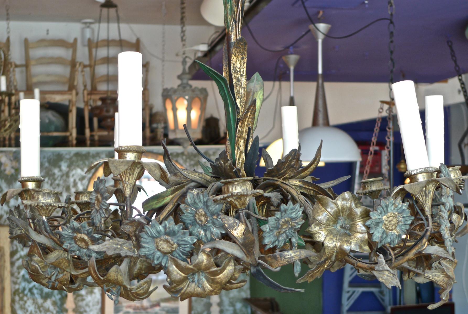 Hand-Painted French 18th Century Bronze Chandelier with Painted Leaves and 6 Outer Lights