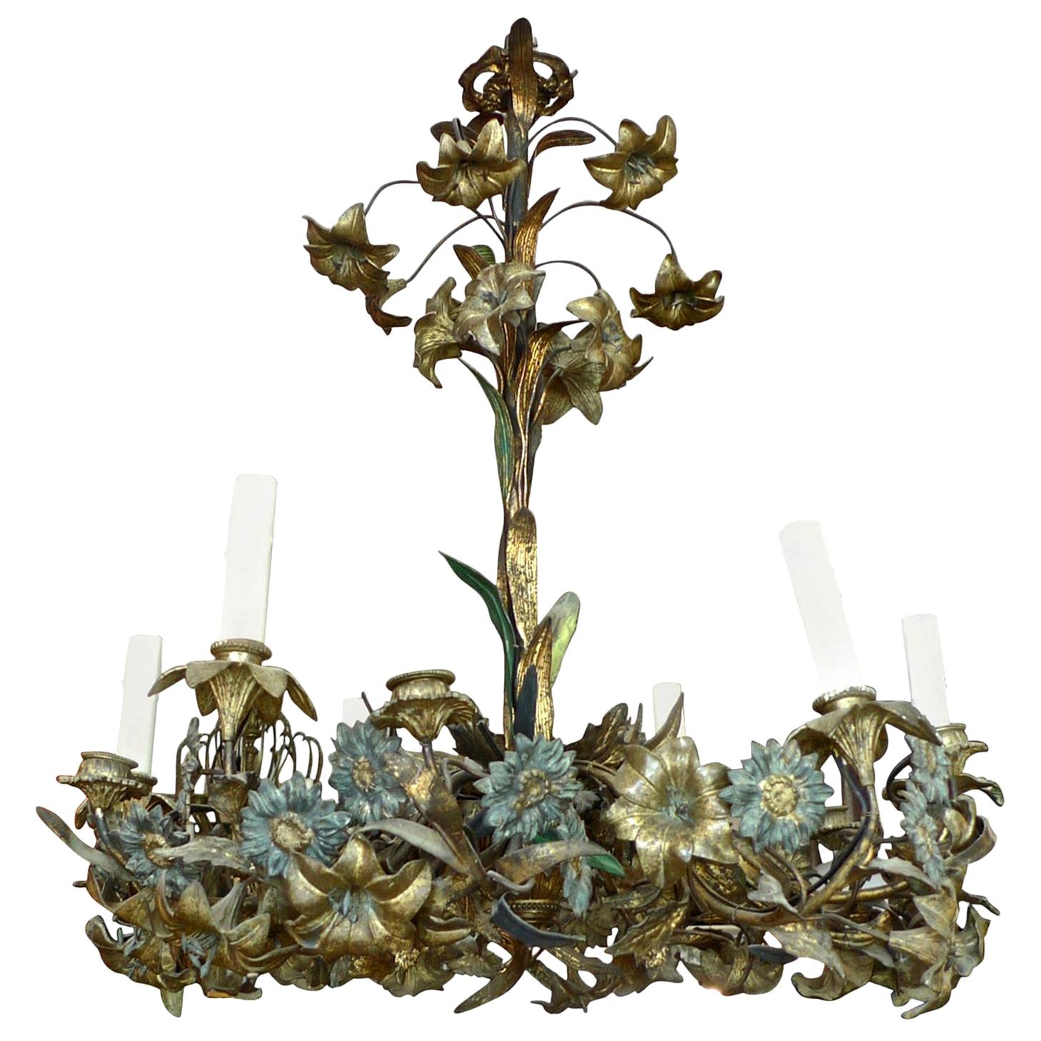 French 18th Century Bronze Chandelier with Painted Leaves and 6 Outer Lights