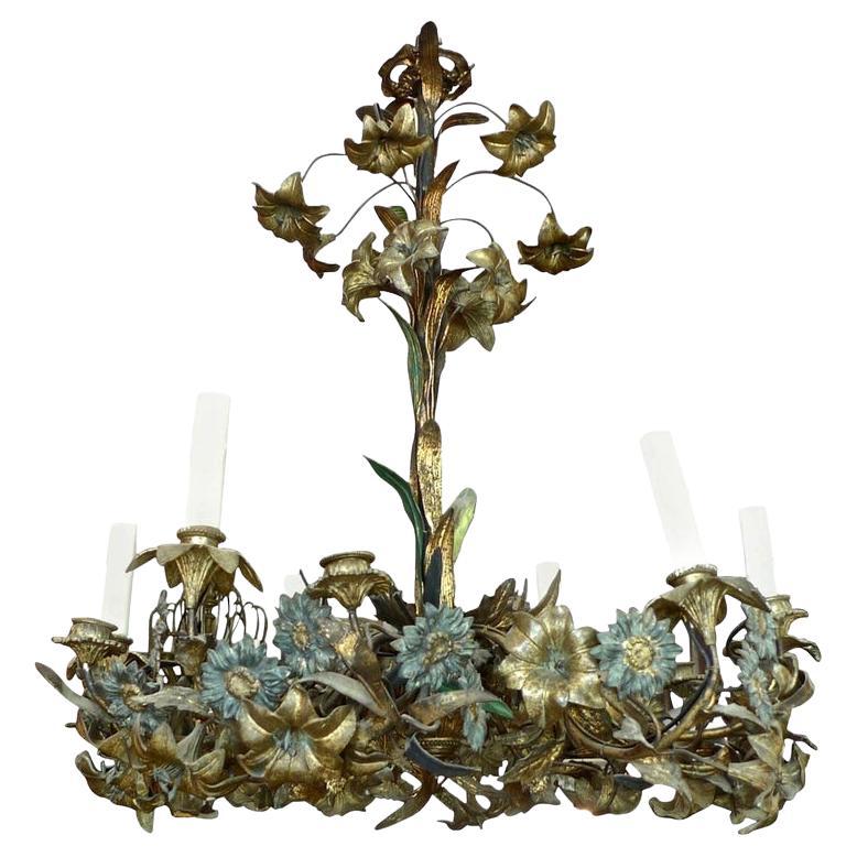 French 18th Century Bronze Chandelier with Painted Leaves and 6 Outer Lights
