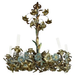 Antique French 18th Century Bronze Chandelier with Painted Leaves and 6 Outer Lights