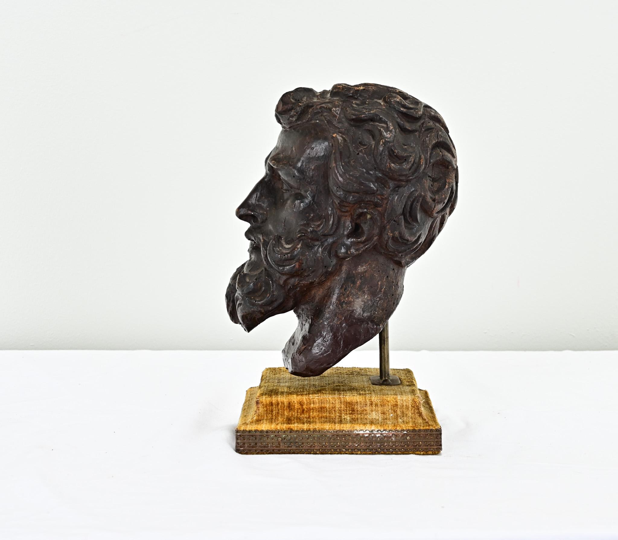 A petite hand-carved bust from a single piece of wood. This would have been a small part of a much larger carving, most likely found in a church. The carving sits over an upholstered velvet stand with brass trim. Cleaned and polished this statue is