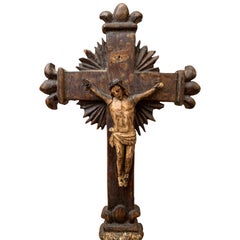 French 18th Century Carved And Painted Wooden Crucifix