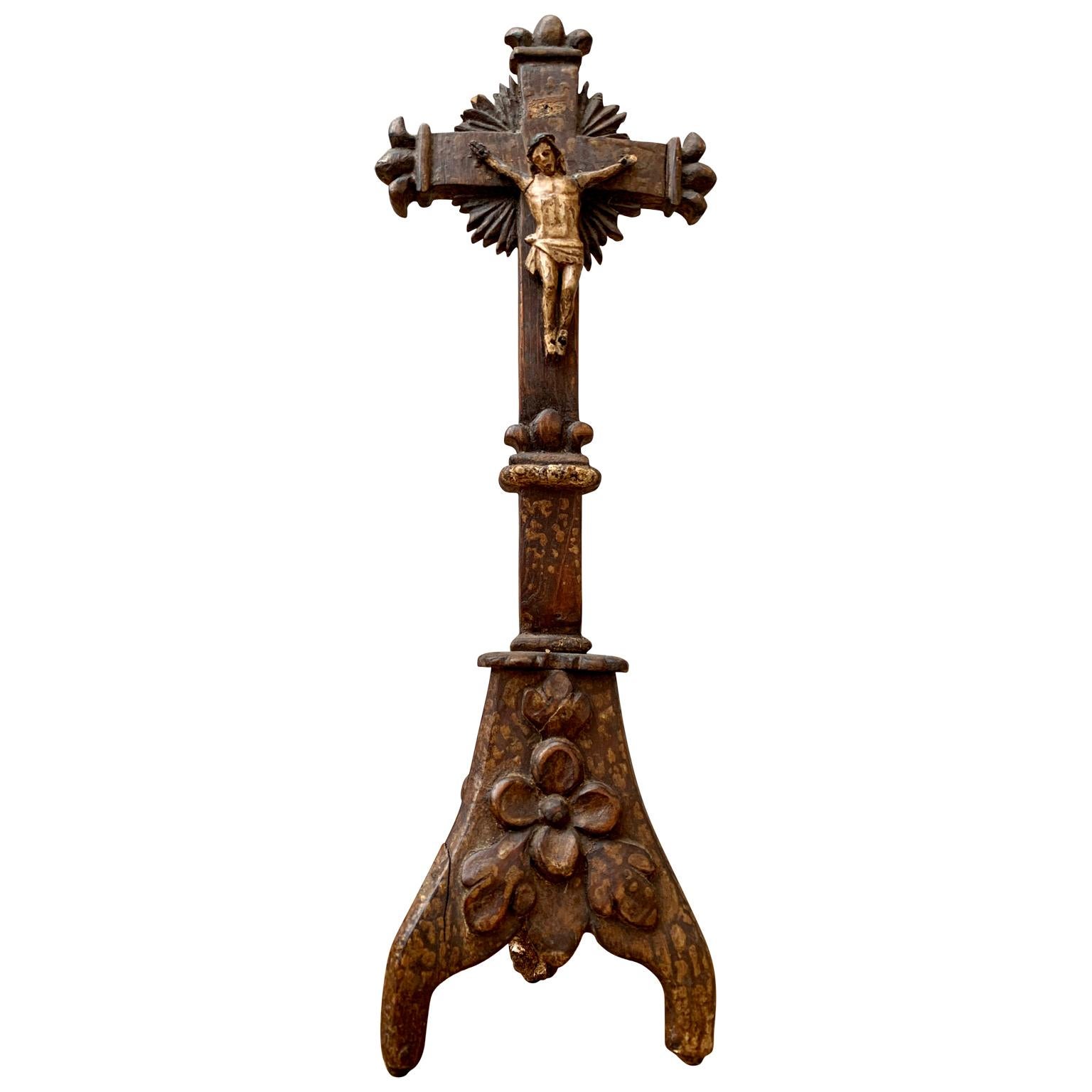 Baroque French 18th Century Carved And Painted Wooden Crucifix