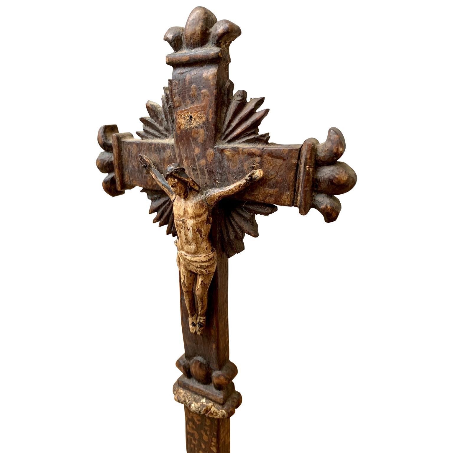 Belgian French 18th Century Carved And Painted Wooden Crucifix