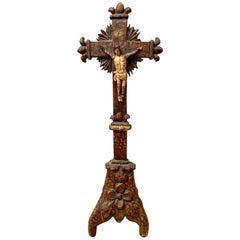 French 18th Century Carved And Painted Wooden Crucifix