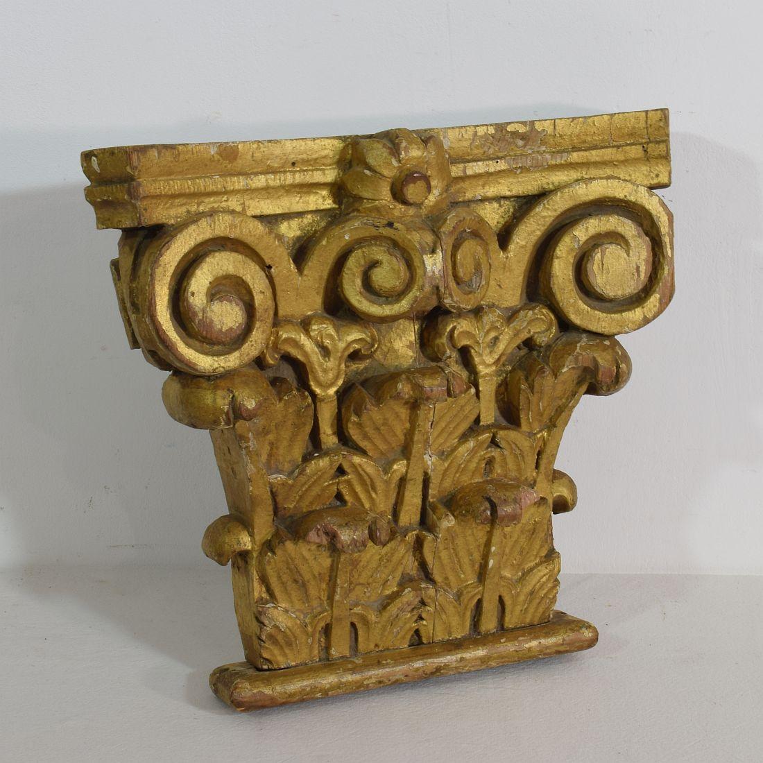 Beautiful French carved giltwood capital. Unique find.
France, circa 1780
Weathered, small losses.