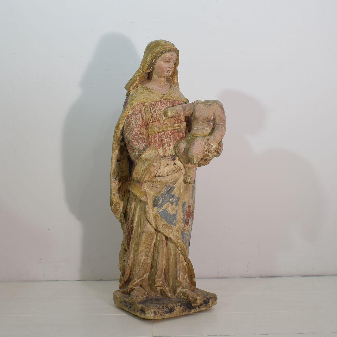 Beautiful stone Madonna with traces of its original color.
France circa 1750
Weathered, losses and old repairs.
More pictures available on request.
  