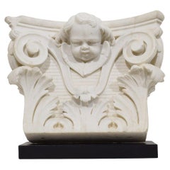 Antique French, 18th Century, Carved White Marble Capital With Angel Head