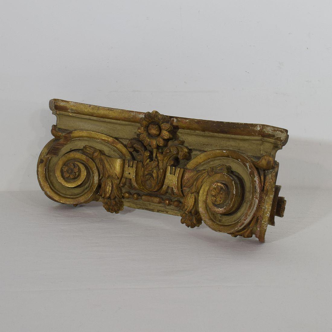 Beautiful French carved capital with traves of gilding. Unique find.
France, circa 1780.
Weathered, small losses.