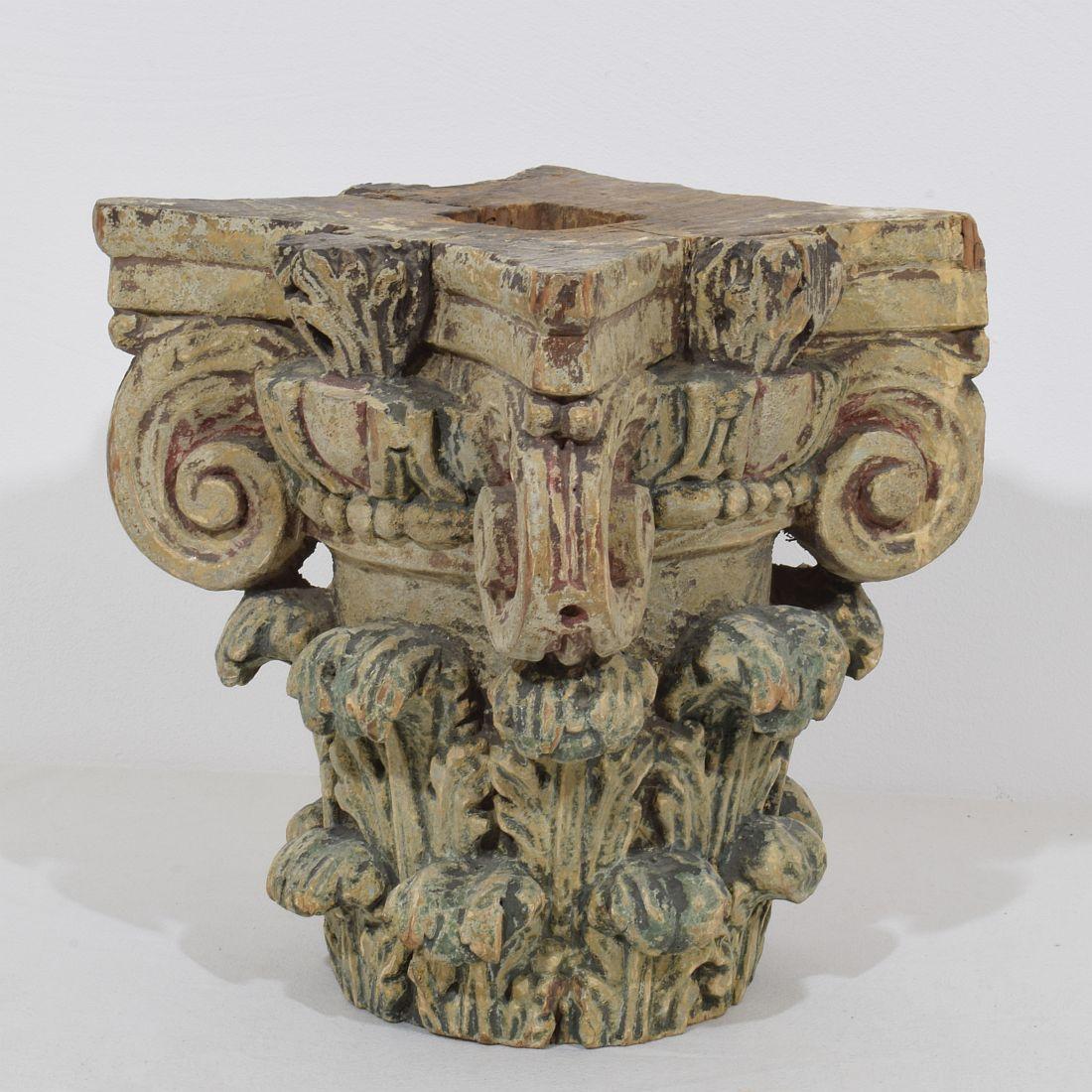 Beautiful French carved wooden capital with traces of its original paint. Unique find. 
France, circa 1750
Weathered and small losses.