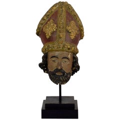 French 18th Century Carved Wooden Head of a Saint