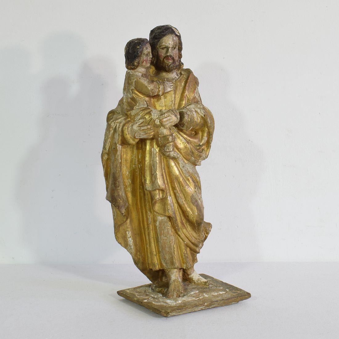 Baroque French 18th Century Carved Wooden Statue of Josef with Baby Jesus