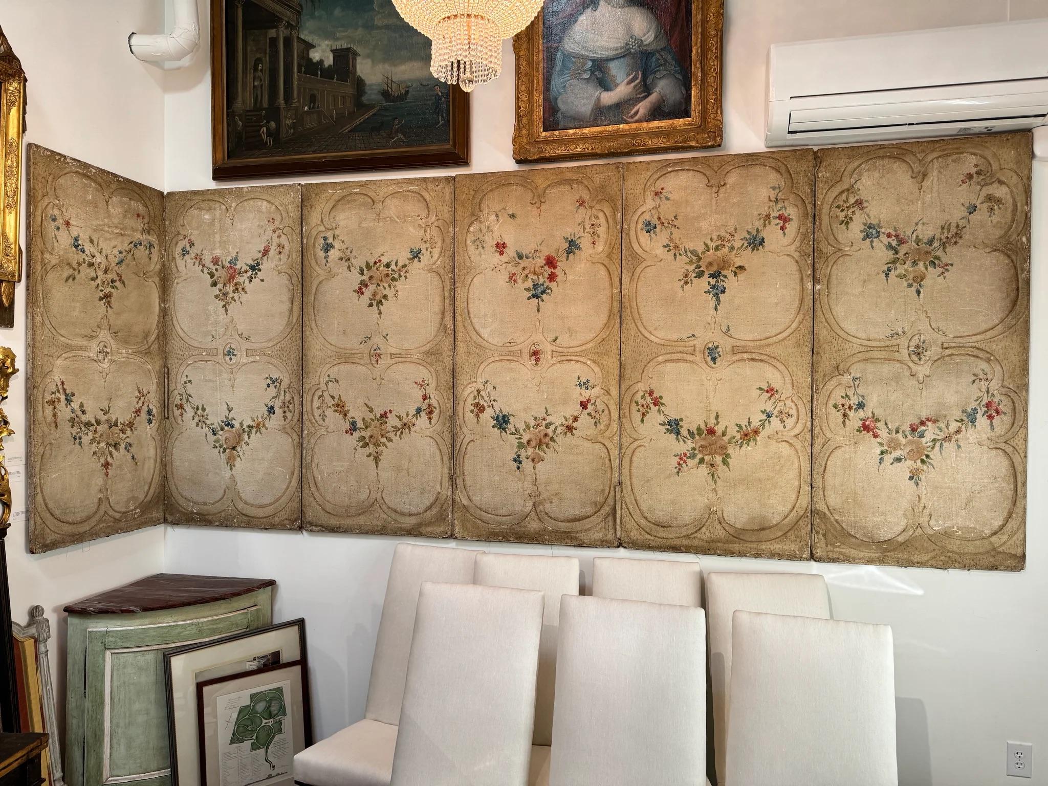 Found in a chateau in Lyon this period 18th Century, all original 6-panel paravent or floor screen - untouched.  The panels featuring draping floral garlands.  Each panel measures 62