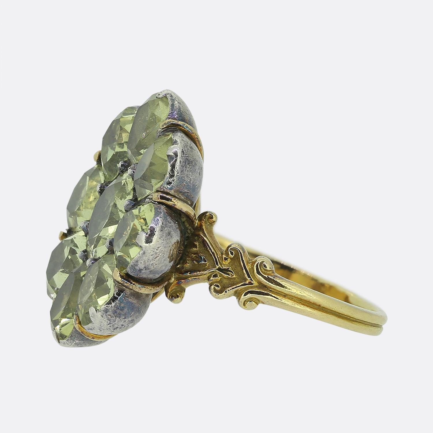 Here we have a fabulous cobblestone cluster ring crafted in France during the Georgian period. This exquisite antique piece showcases nine closely claw set chrysoberyl gemstones which dominate the face and are foiled backed in silver to enhance