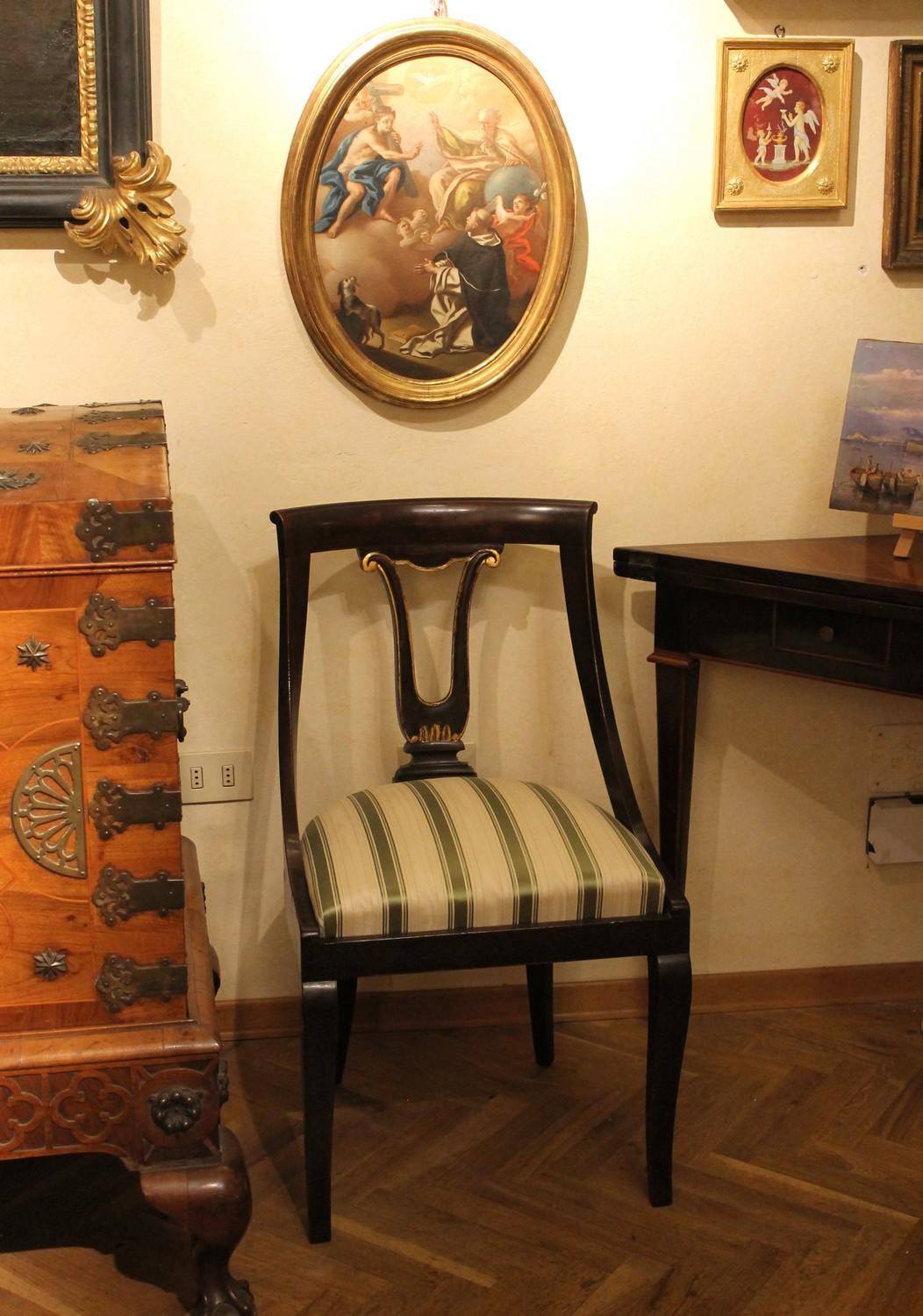 Hand-Carved French 18th Century Directoire Mahogany Chairs with Silk Blend Upholster Fabric For Sale