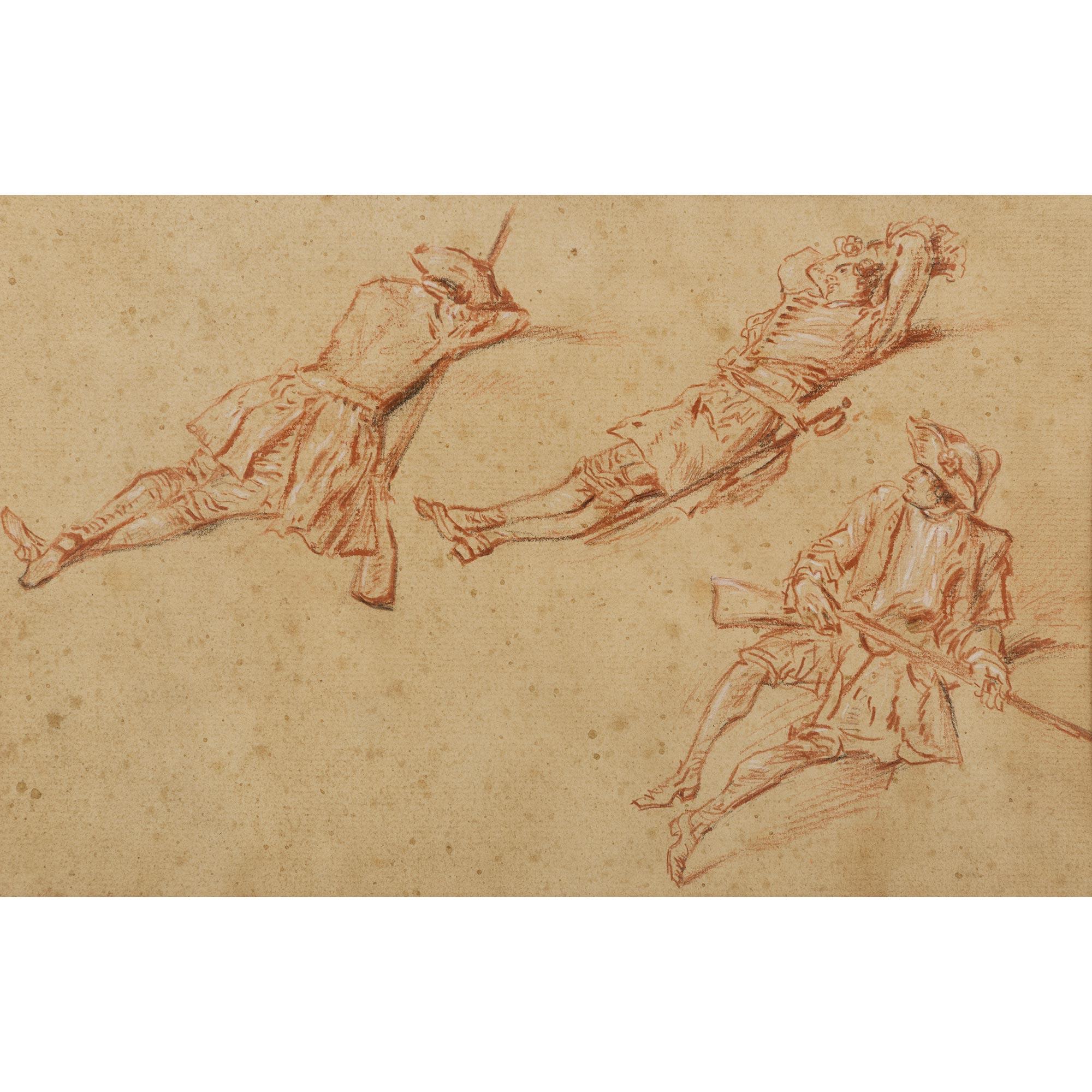 Giltwood French 18th century drawing of The Study of a Resting Soldier For Sale