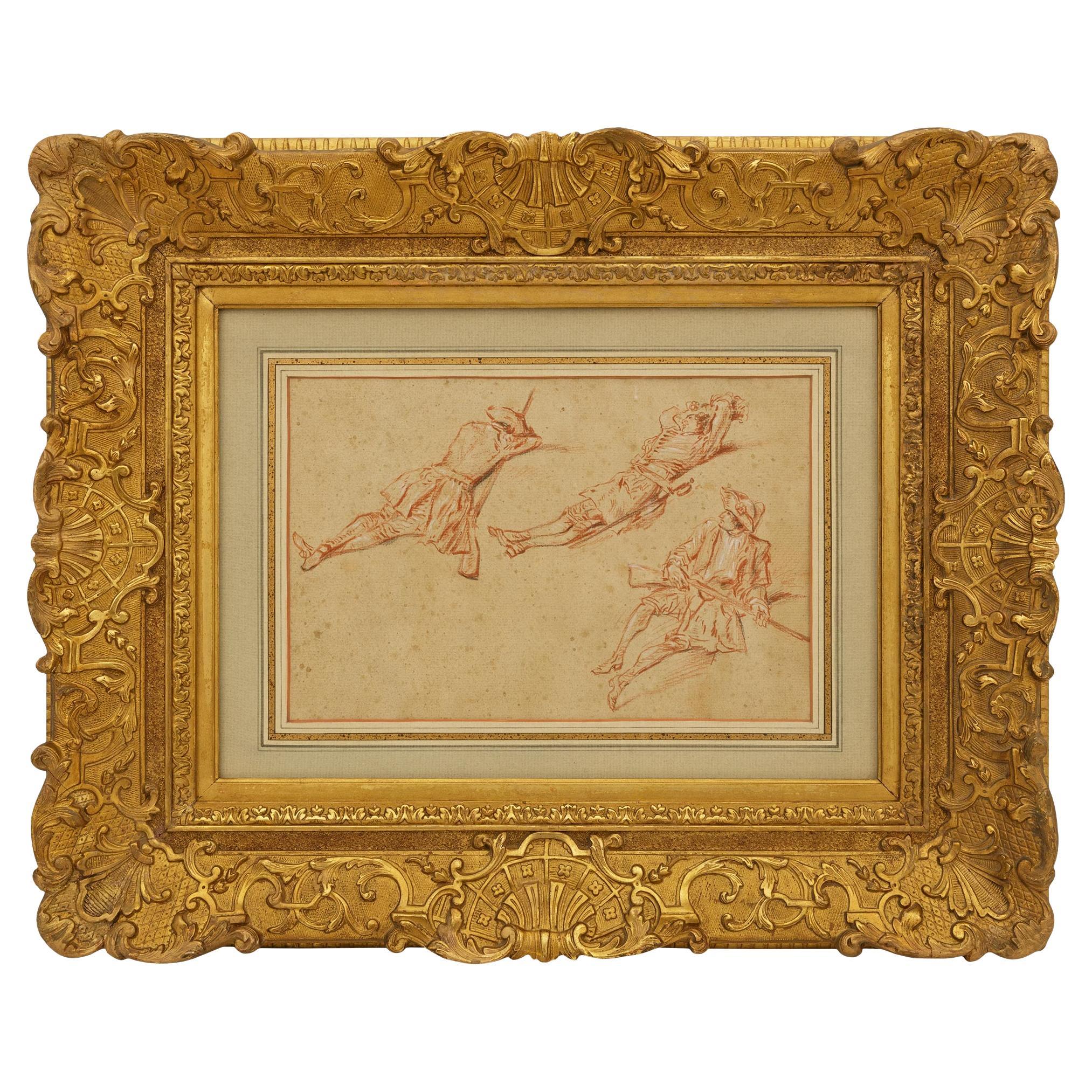 Dessin français du XVIIIe siècle représentant L
étude d
un soldat au repos