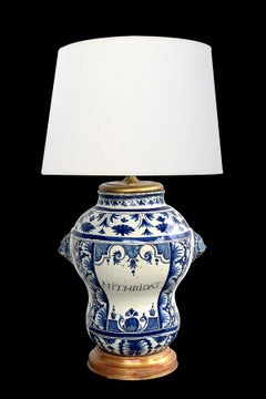 French 18th Century Faience Blue & White Apothecary Jar Now Mounted as a Lamp