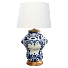 French 18th Century Faience Blue & White Apothecary Jar Now Mounted as a Lamp