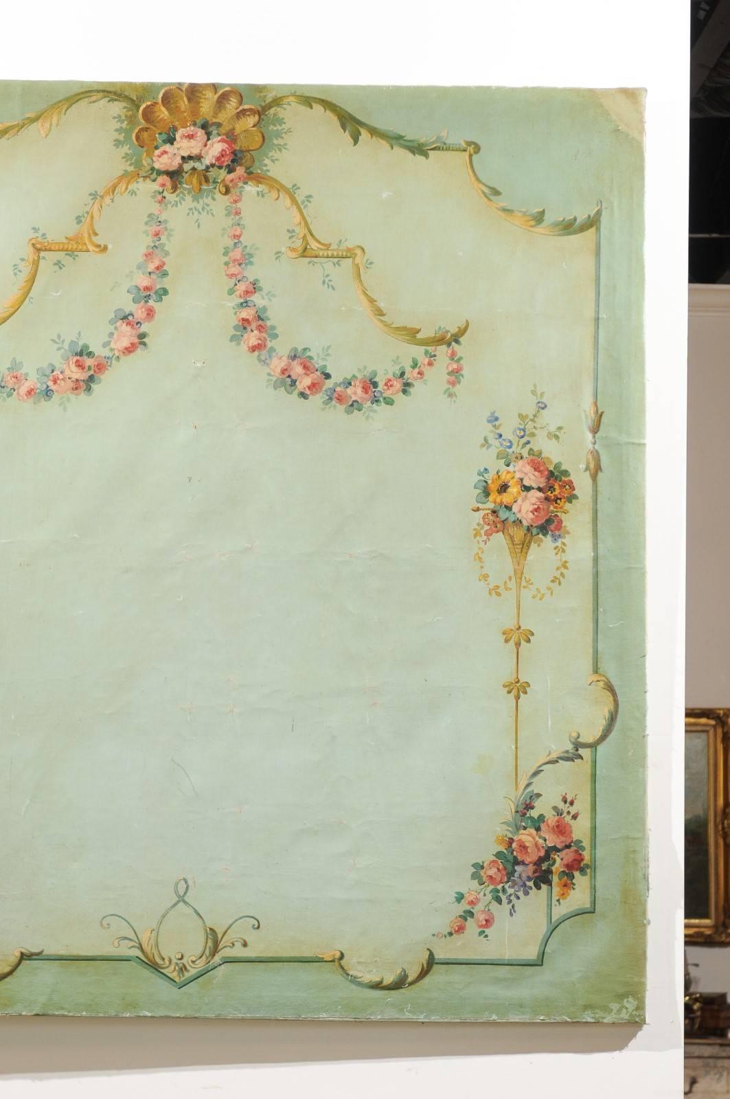 Peint à la main Panneau de toile peint à la fleur du XVIIIe siècle provenant d'un manoir de la vallée de la Loire