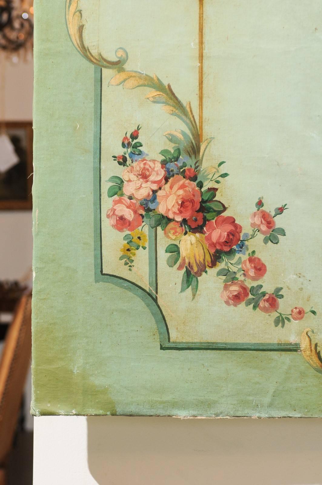 Toile Panneau de toile peint à la fleur du XVIIIe siècle provenant d'un manoir de la vallée de la Loire