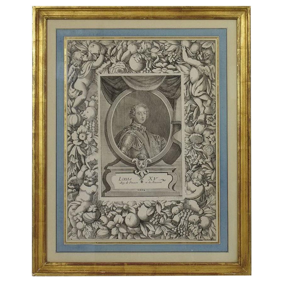 French 18th Century Framed Copper Engraving of Louis XV