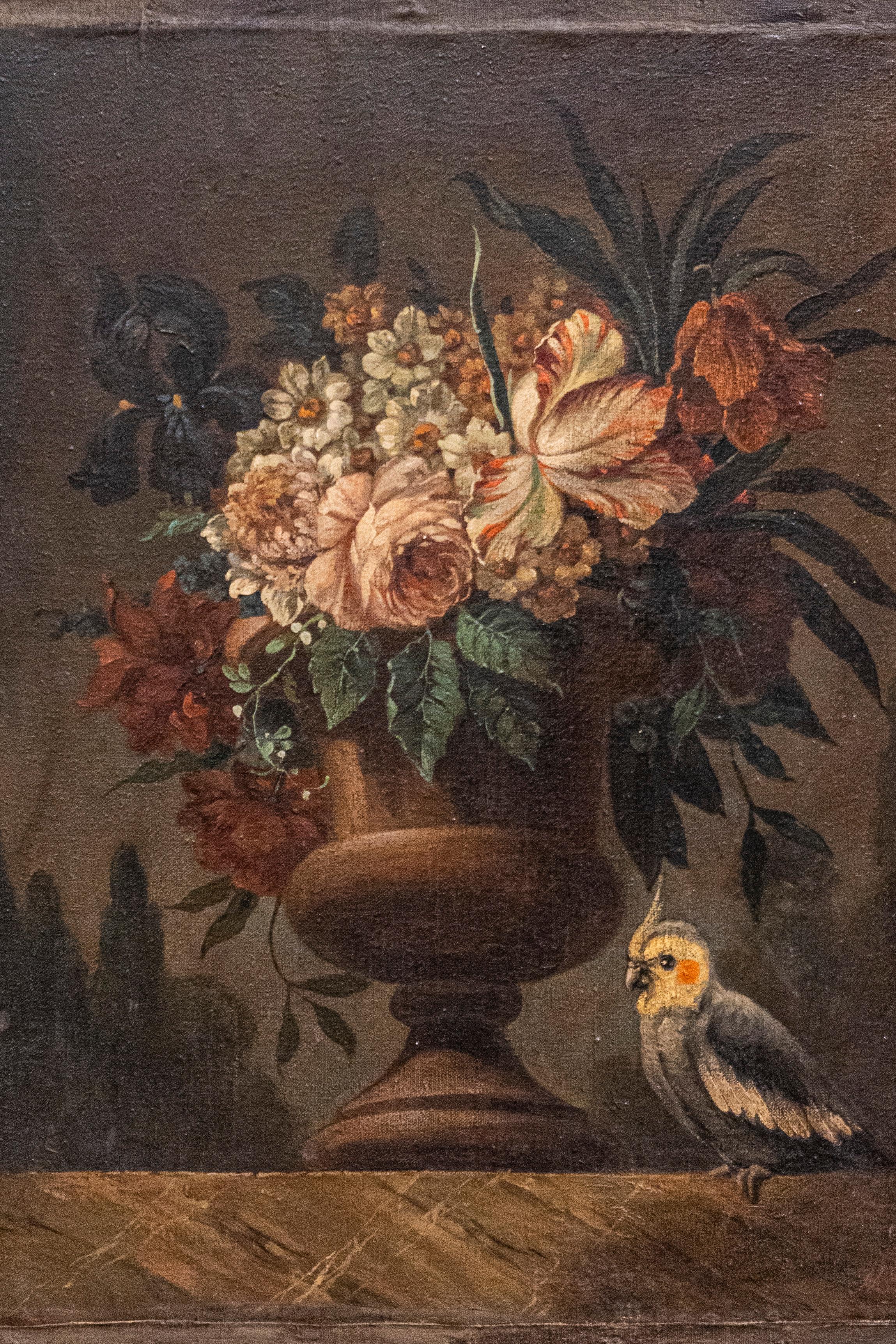 French 18th Century Framed Still-Life Oil Painting with Bouquet and Parakeet In Good Condition For Sale In Atlanta, GA