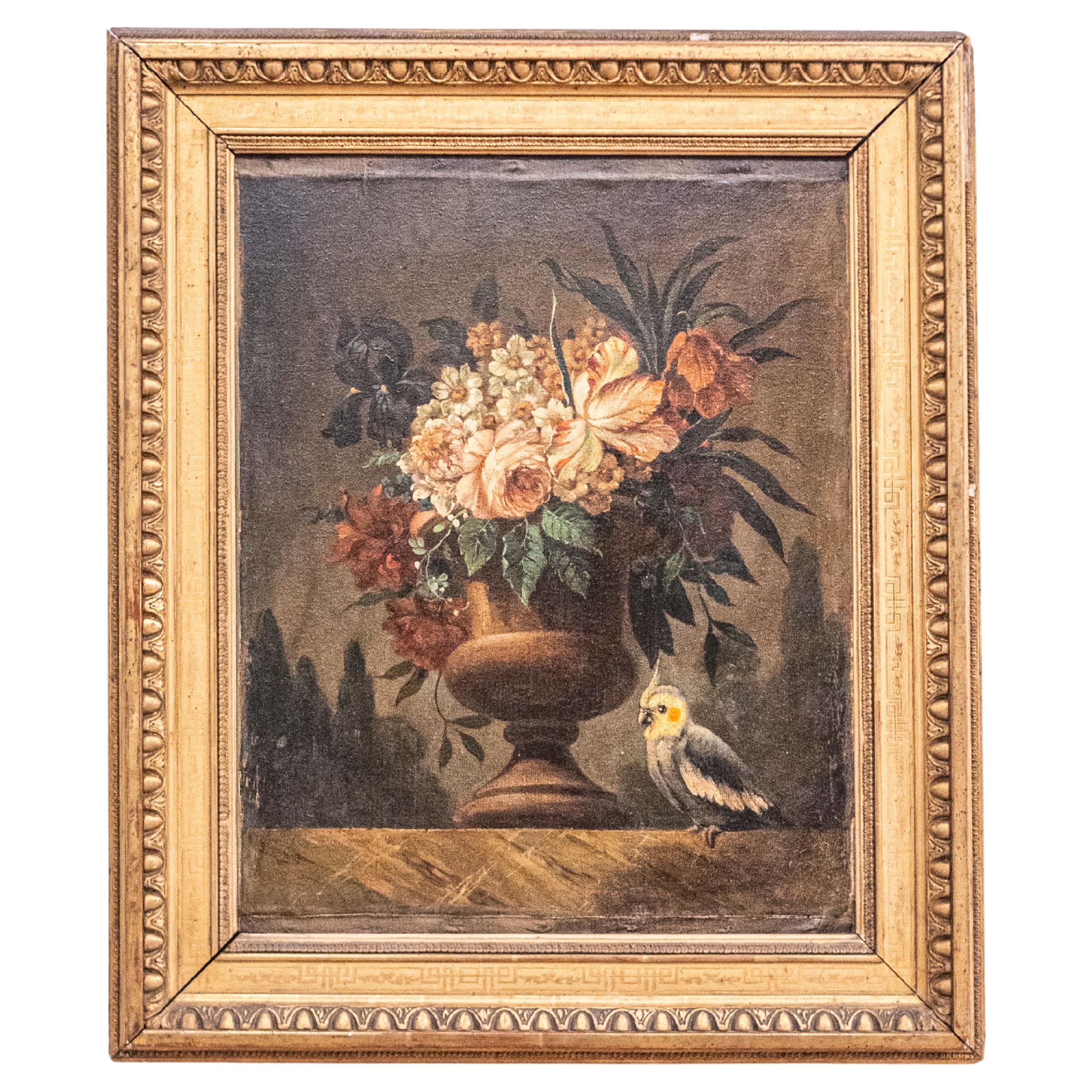 French 18th Century Framed Still-Life Oil Painting with Bouquet and Parakeet For Sale