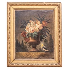 French 18th Century Framed Still-Life Oil Painting with Bouquet and Parakeet