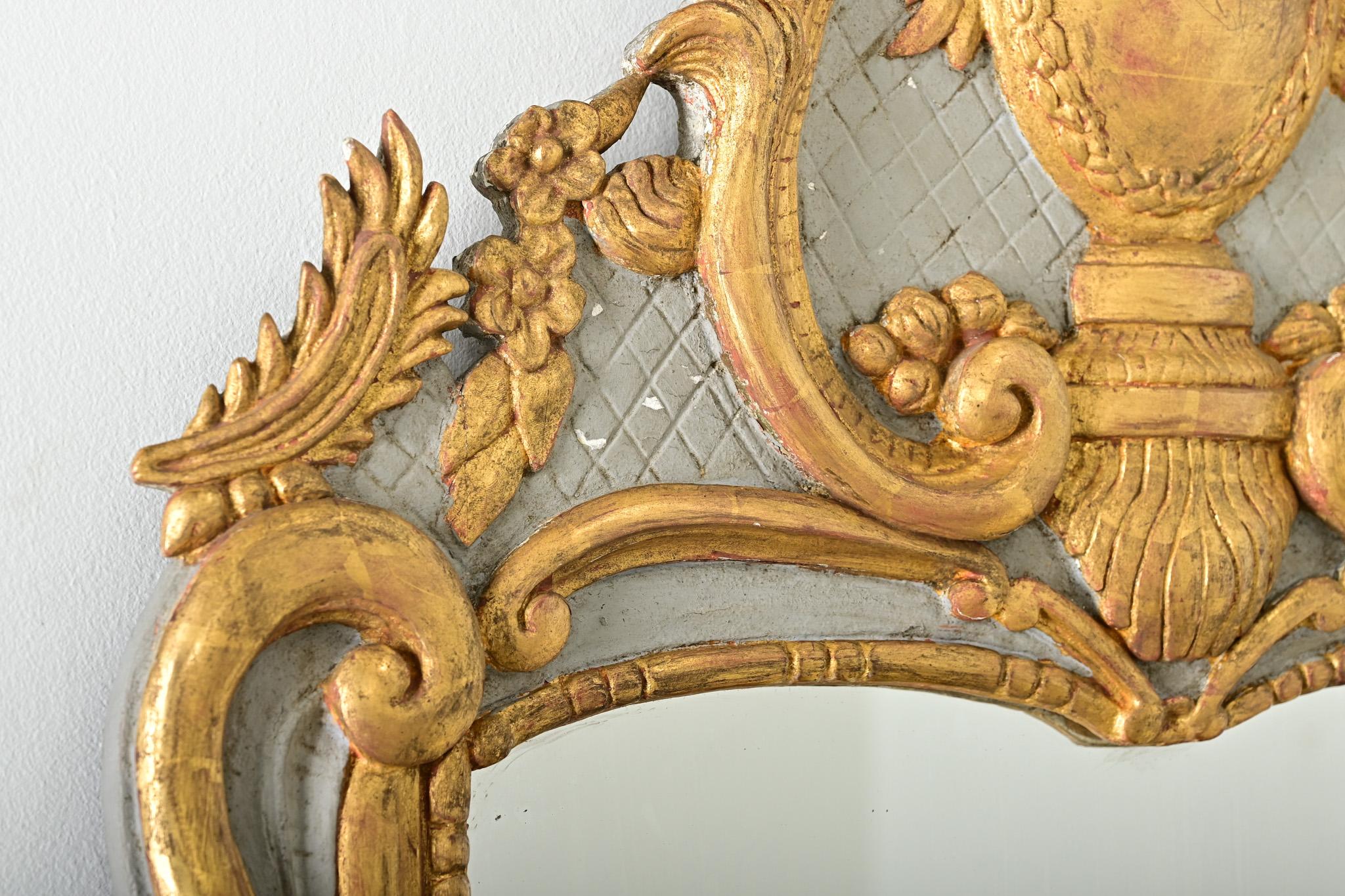 Gold French 18th Century Gilt & Painted Trumeau Mirror For Sale