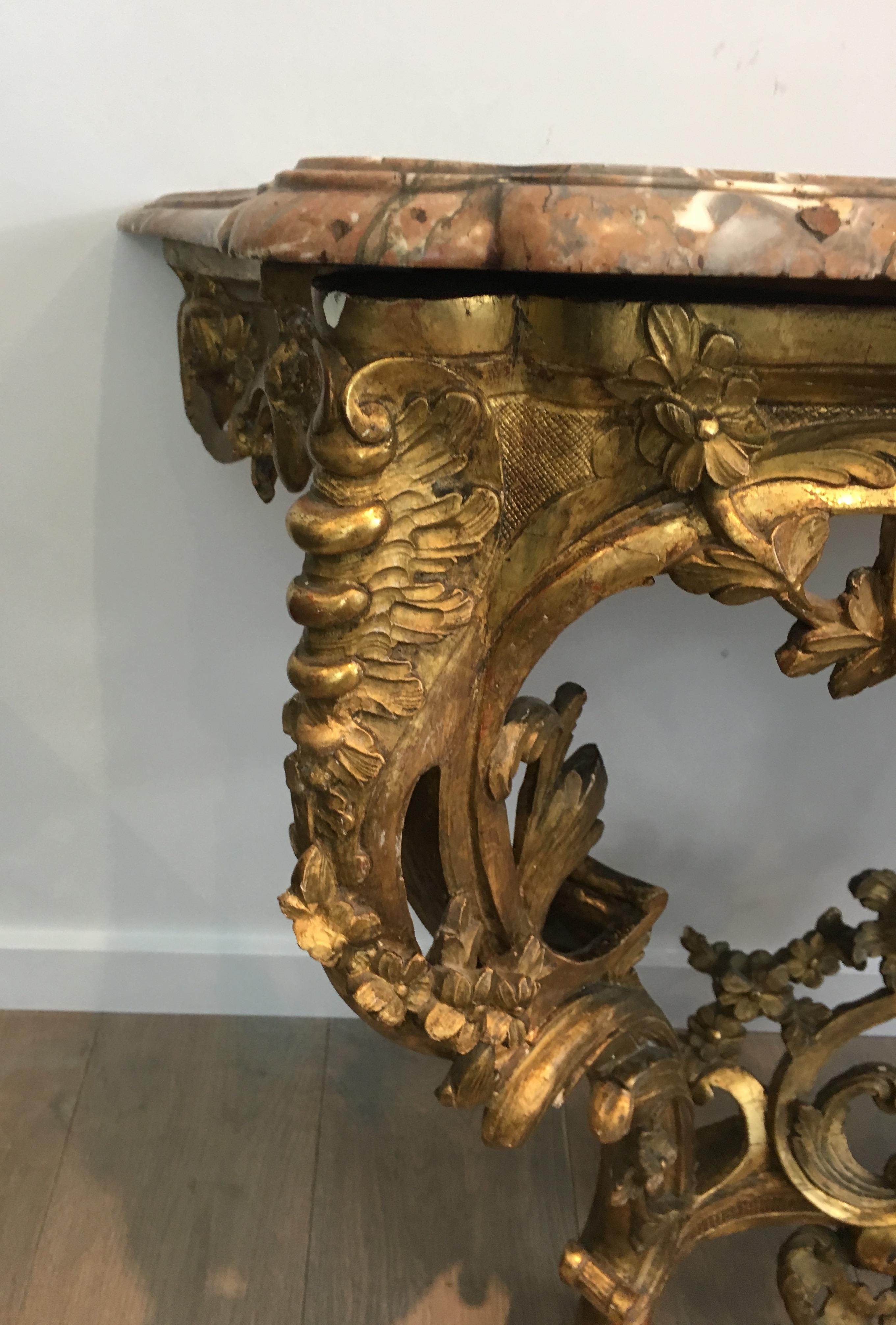 French 18th Century Giltwood Console Table with Red Marble Top, Louis XV Period For Sale 8