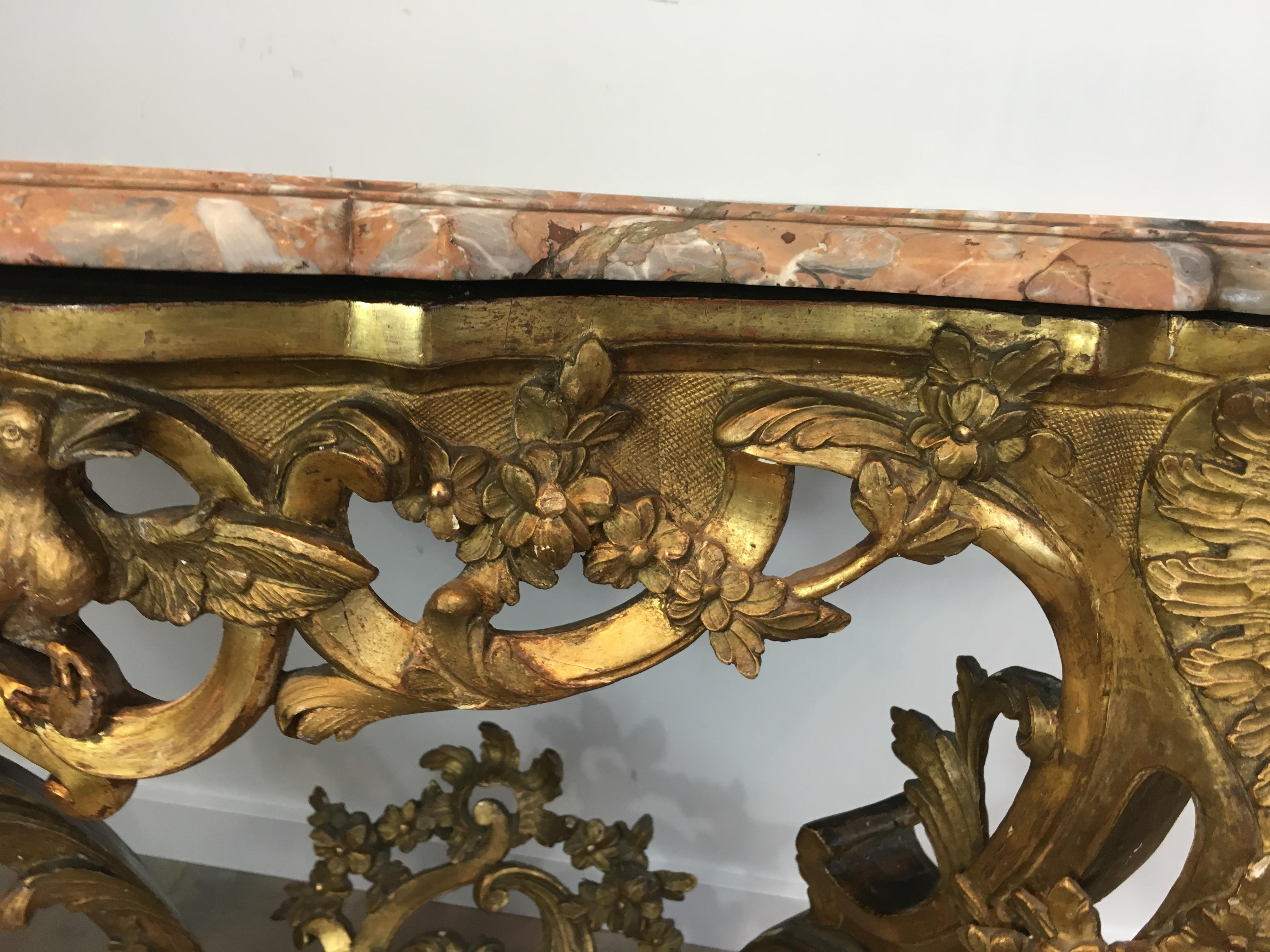 French 18th Century Giltwood Console Table with Red Marble Top, Louis XV Period For Sale 9