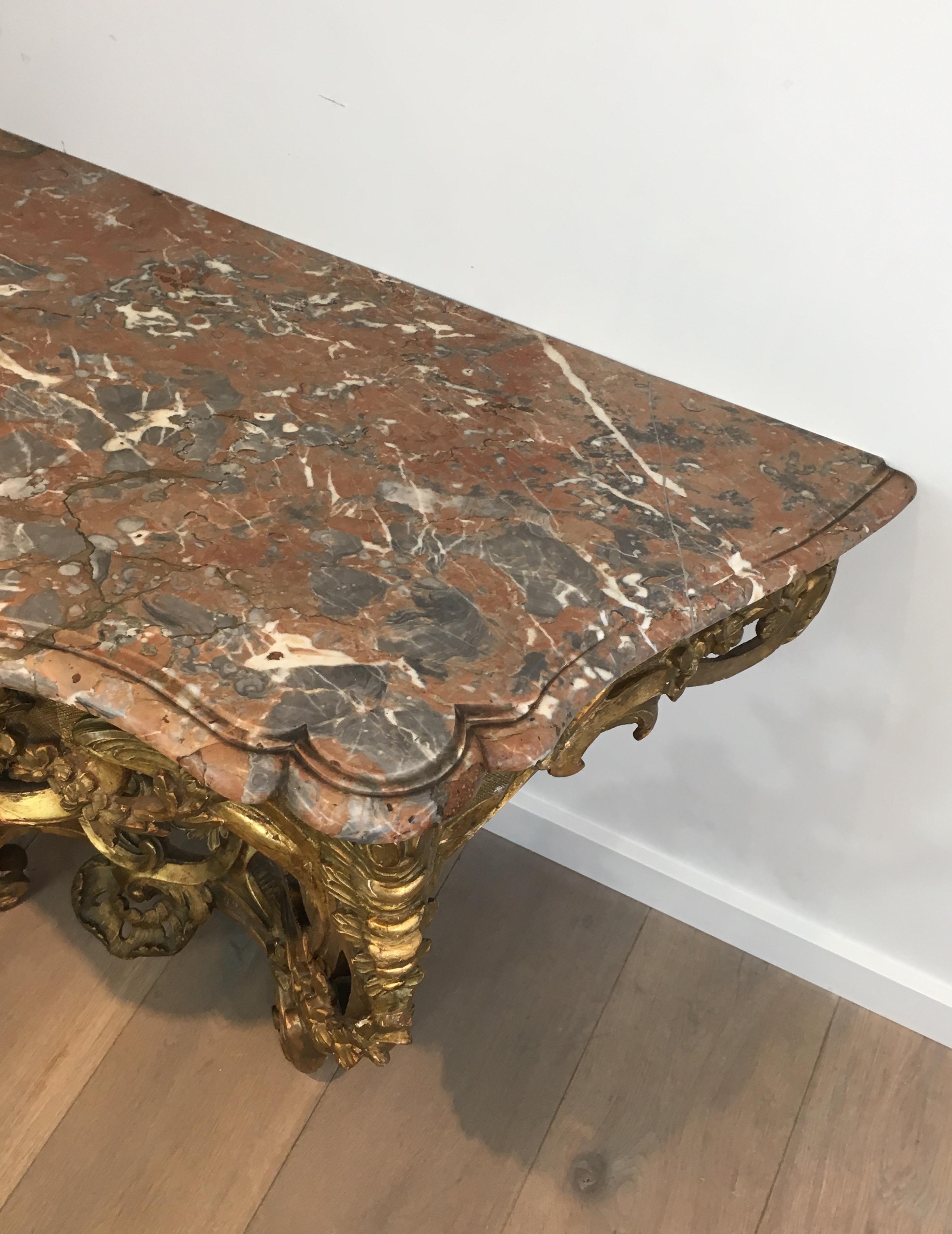 French 18th Century Giltwood Console Table with Red Marble Top, Louis XV Period For Sale 13
