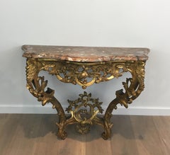 French 18th Century Giltwood Console Table with Red Marble Top, Louis XV Period