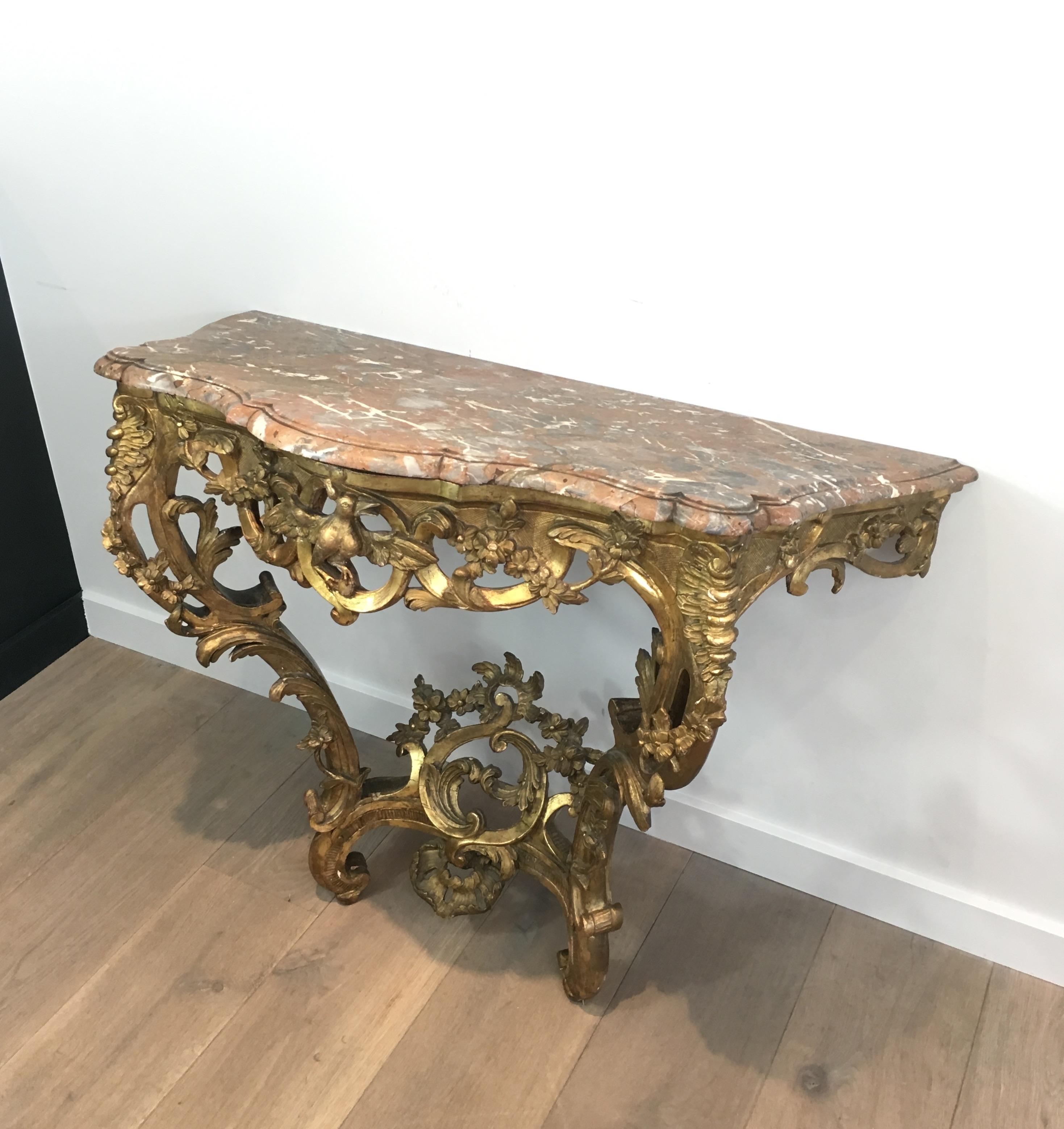 French 18th Century Giltwood Console Table with Red Marble Top, Louis XV Period For Sale 15