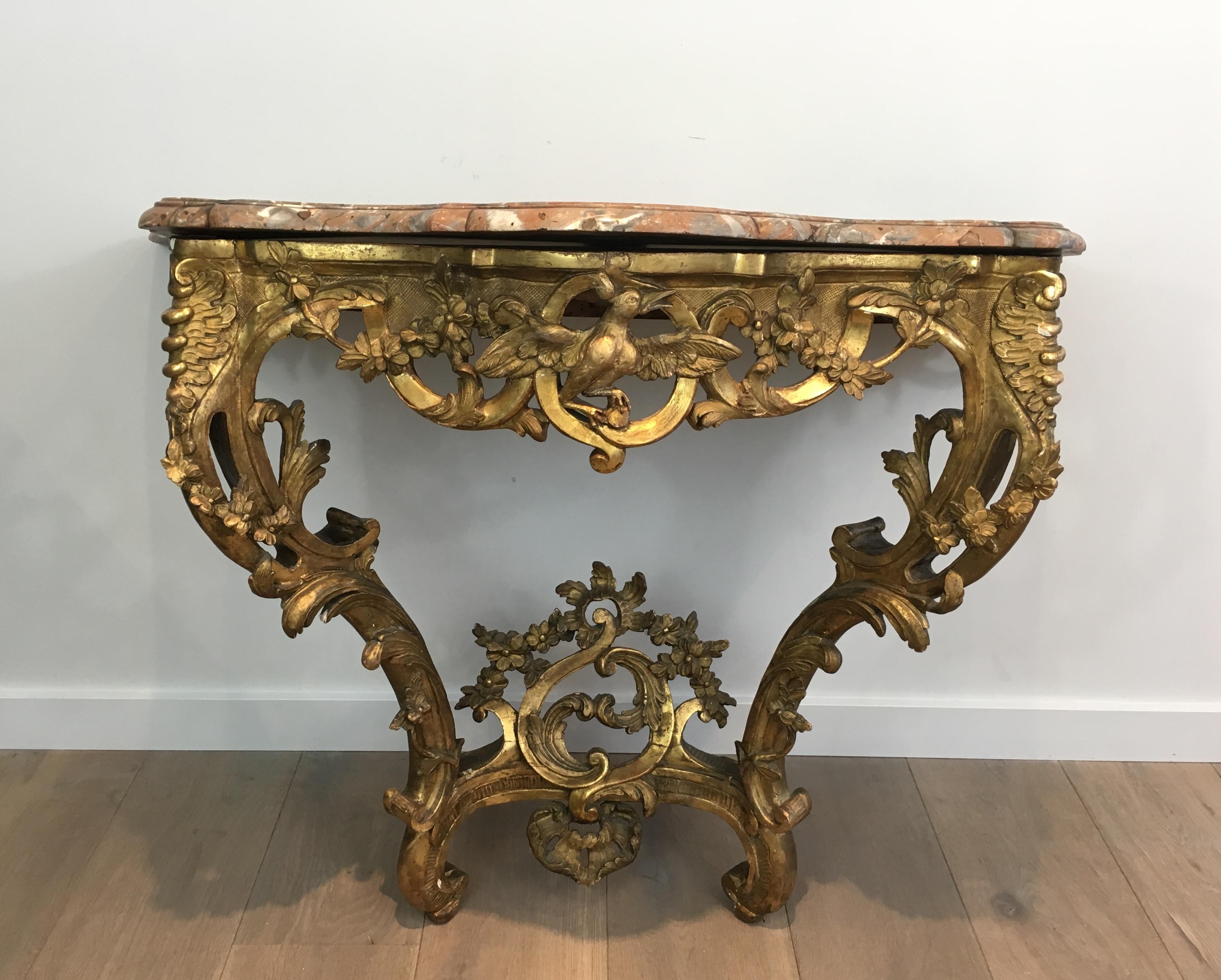 Carved French 18th Century Giltwood Console Table with Red Marble Top, Louis XV Period For Sale