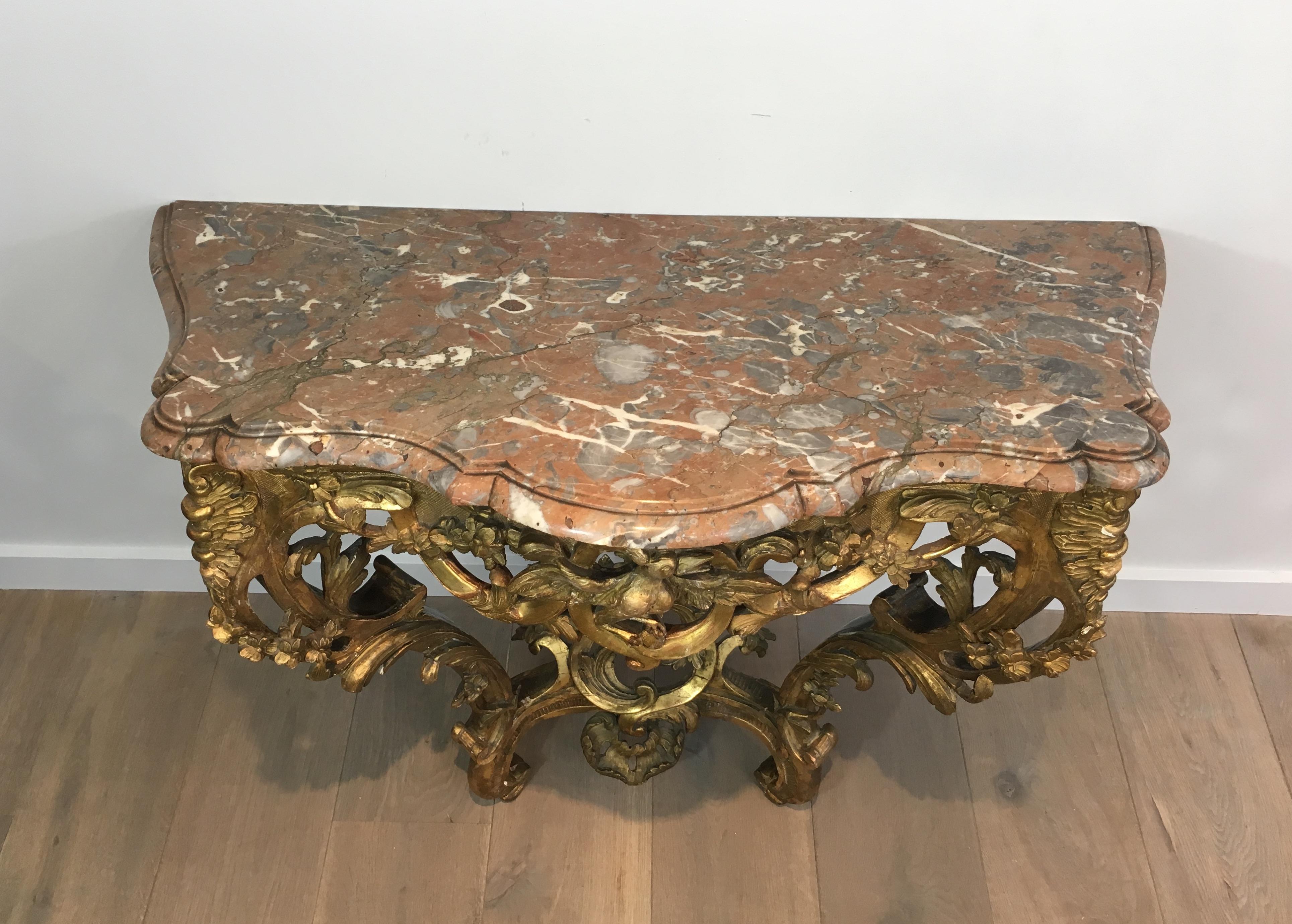 French 18th Century Giltwood Console Table with Red Marble Top, Louis XV Period In Good Condition For Sale In Marcq-en-Barœul, Hauts-de-France