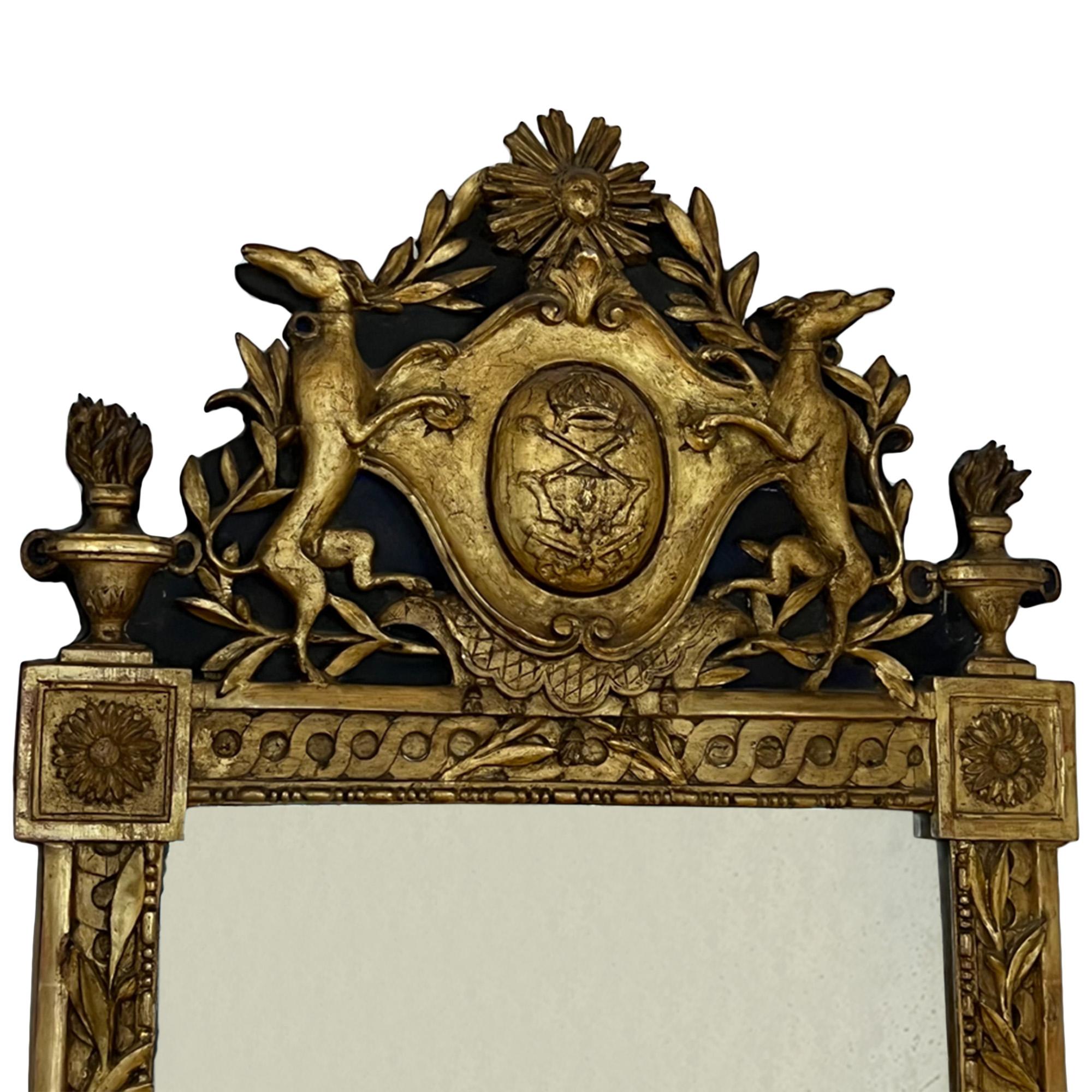 Hand-Carved French 18th Century Giltwood Crested Mirror with Dogs For Sale