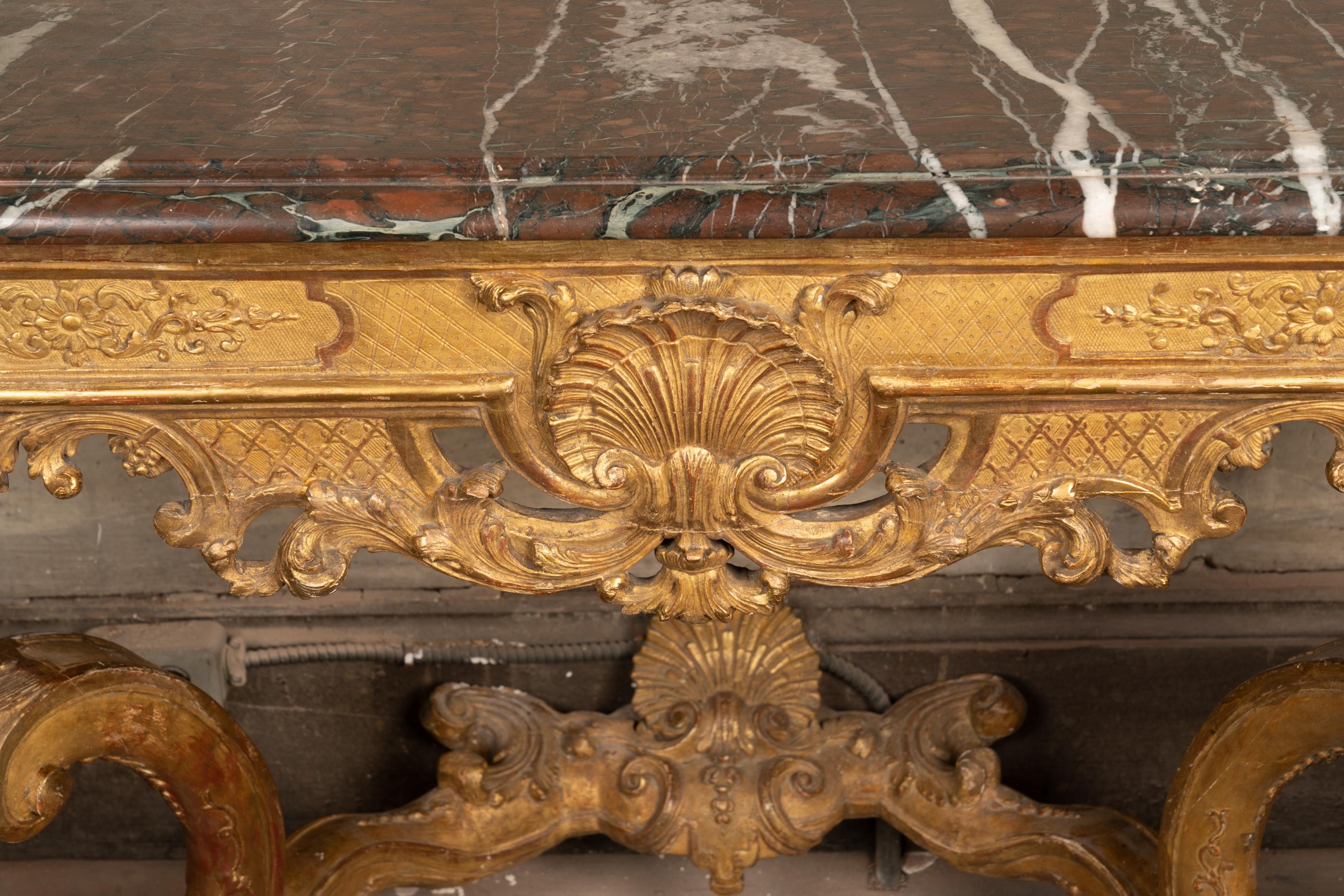 Französisch 18. Jahrhundert Giltwood Regence Konsole mit Marmorplatte im Zustand „Gut“ im Angebot in New Orleans, LA