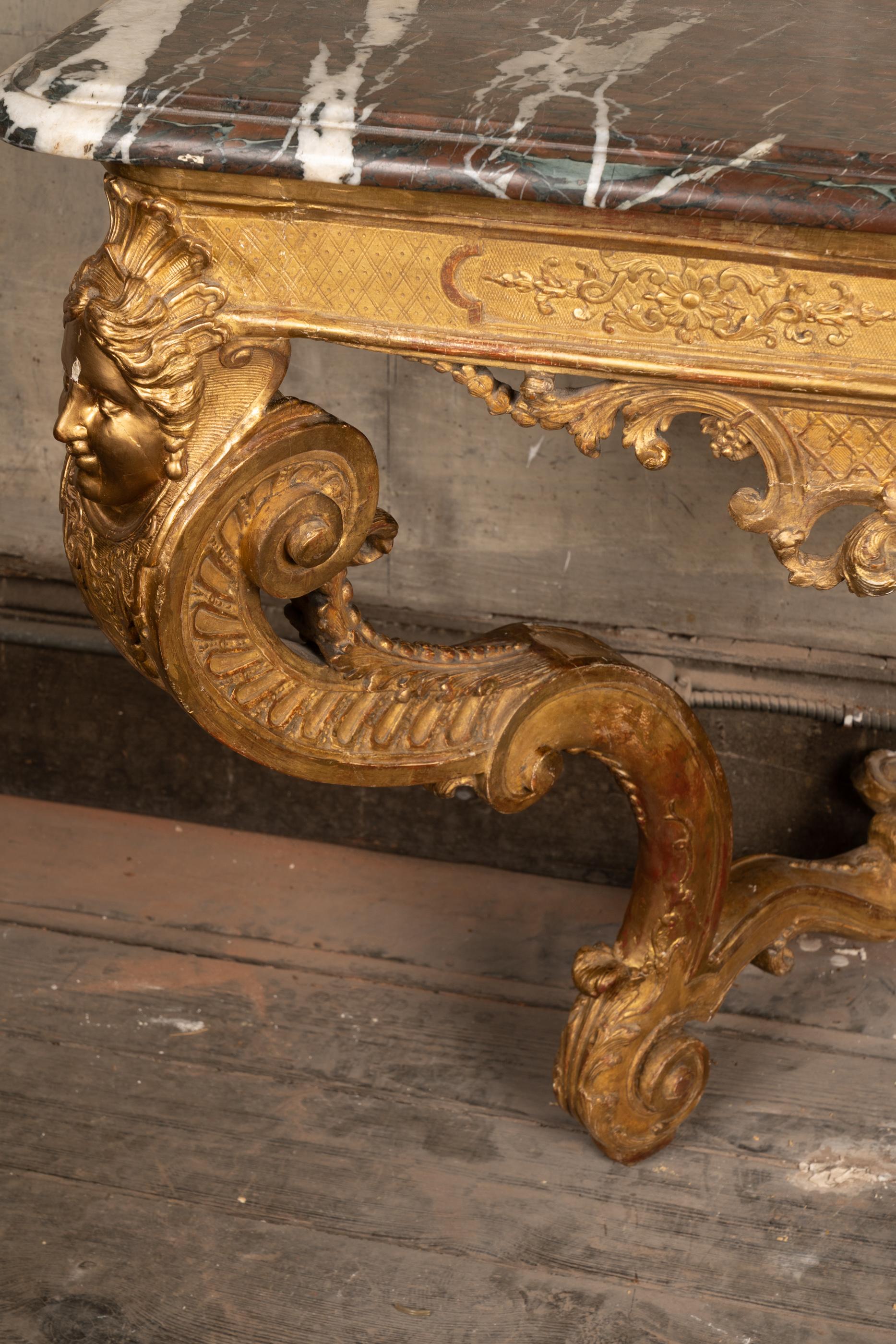 Französisch 18. Jahrhundert Giltwood Regence Konsole mit Marmorplatte im Angebot 2
