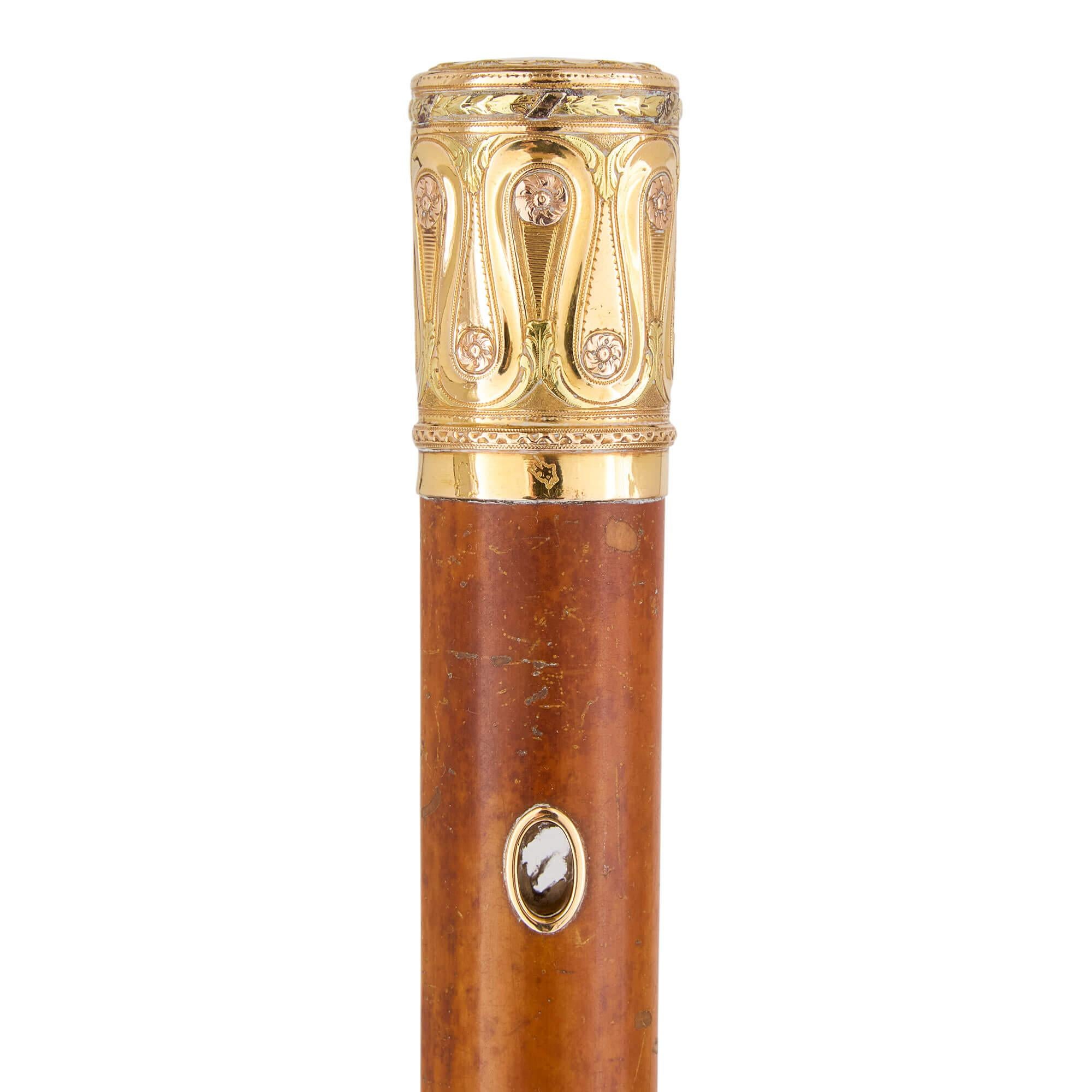 French 18th century gold mounted walking stick 
French, 1769
Height 116cm, diameter 3cm

Dating back to 1789, this walking stick exemplifies the remarkable craftsmanship of 18th century French artisans.

The gold-mounted handle is beautifully