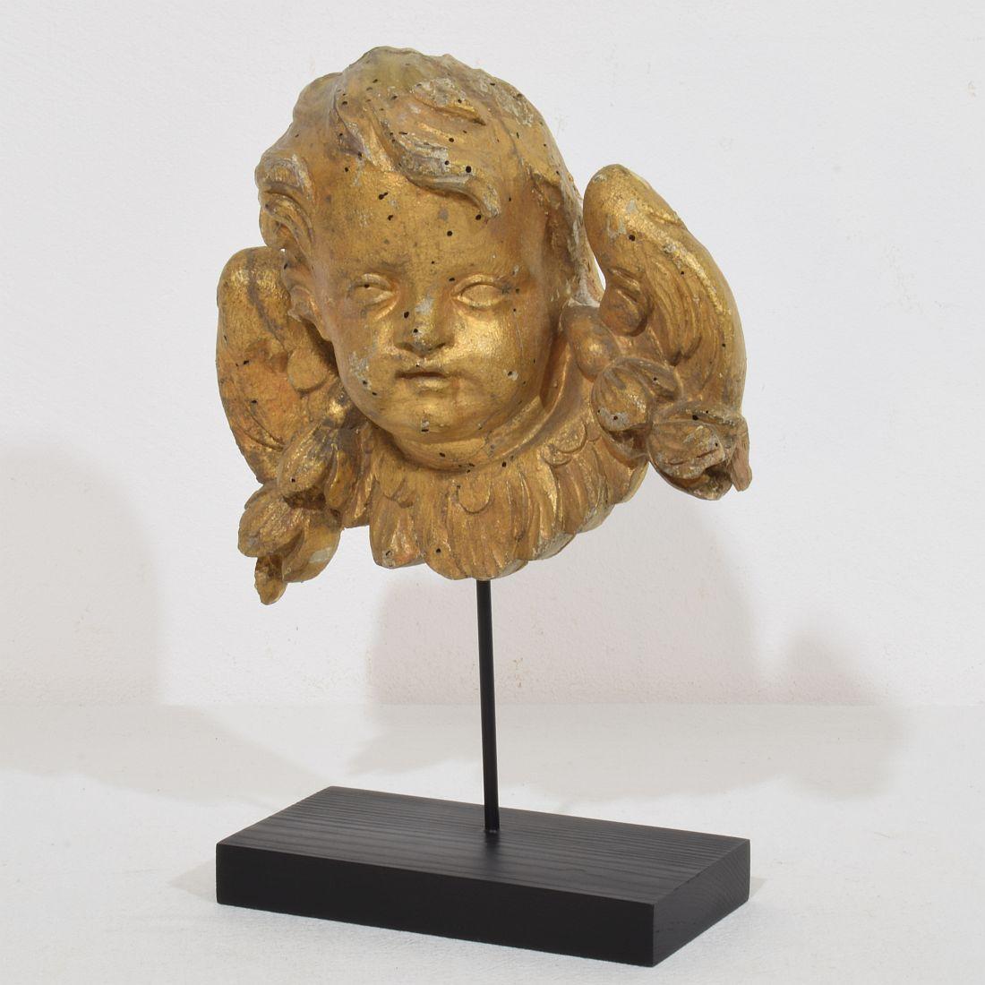 Wonderful Hand carved winged angelhead with its original gilding.
France, circa 1750
Weathered small losses. Treated against wood worm
Measurement here below inclusive the wooden base.