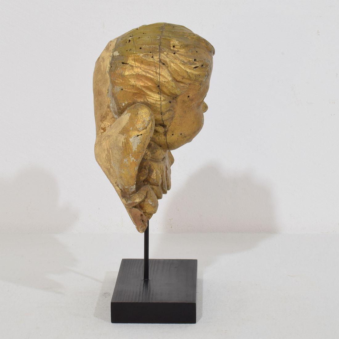 Hand-Carved French 18th Century Hand Carved  Baroque Winged Angel Head