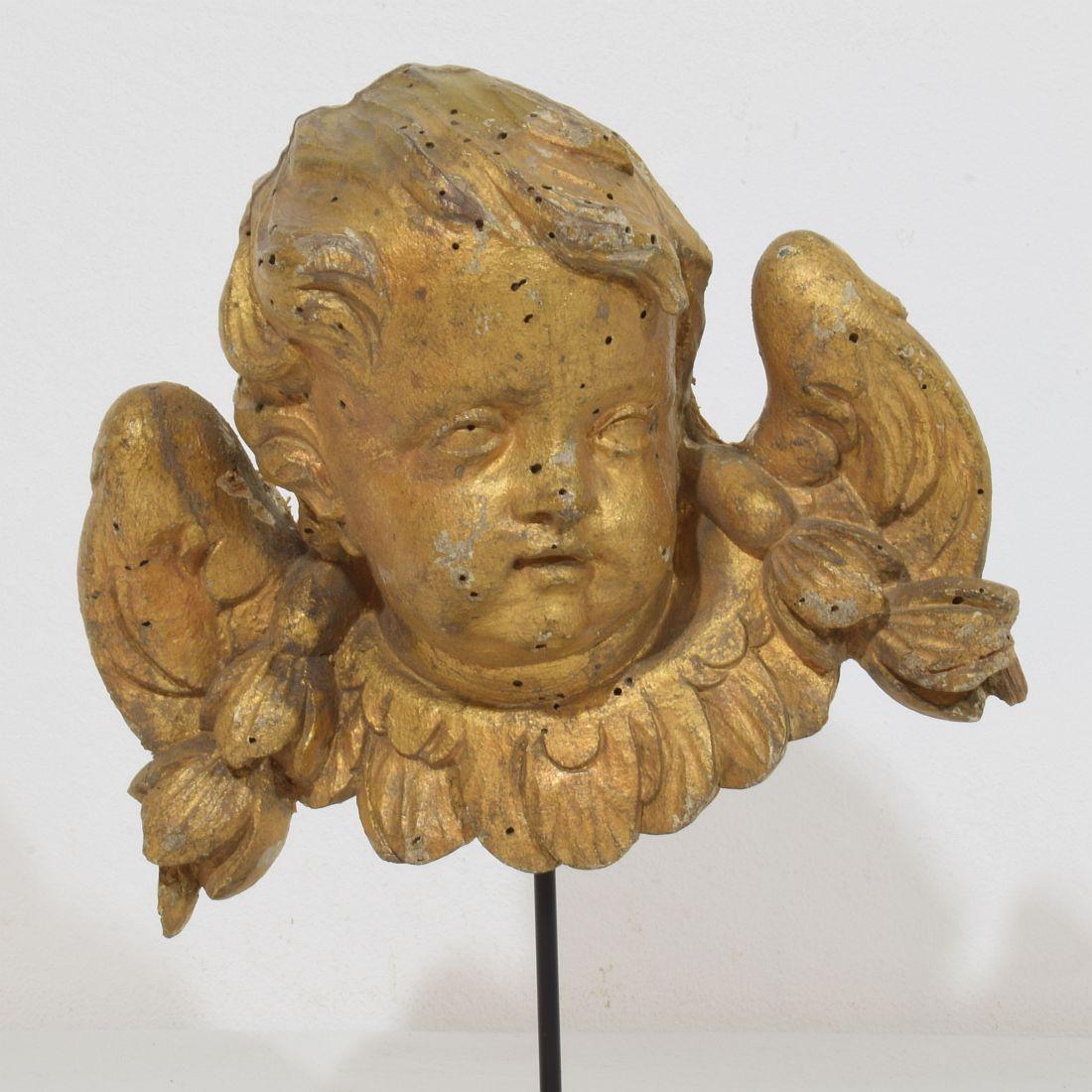 Wood French 18th Century Hand Carved  Baroque Winged Angel Head