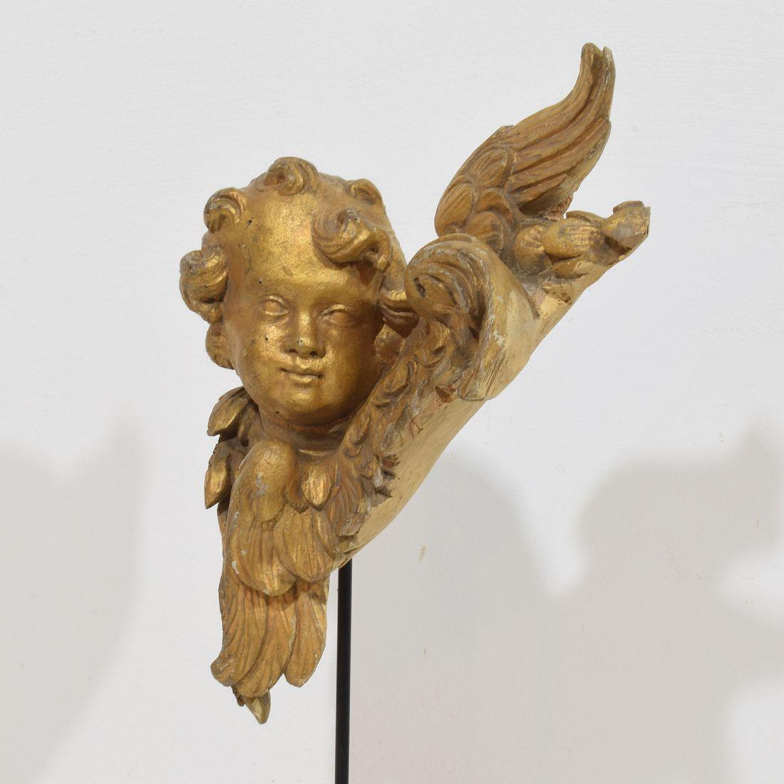 French 18th Century Hand Carved  Baroque Winged Angel Head For Sale 1