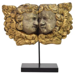 French 18th Century Hand Carved  Baroque Winged Angel Heads