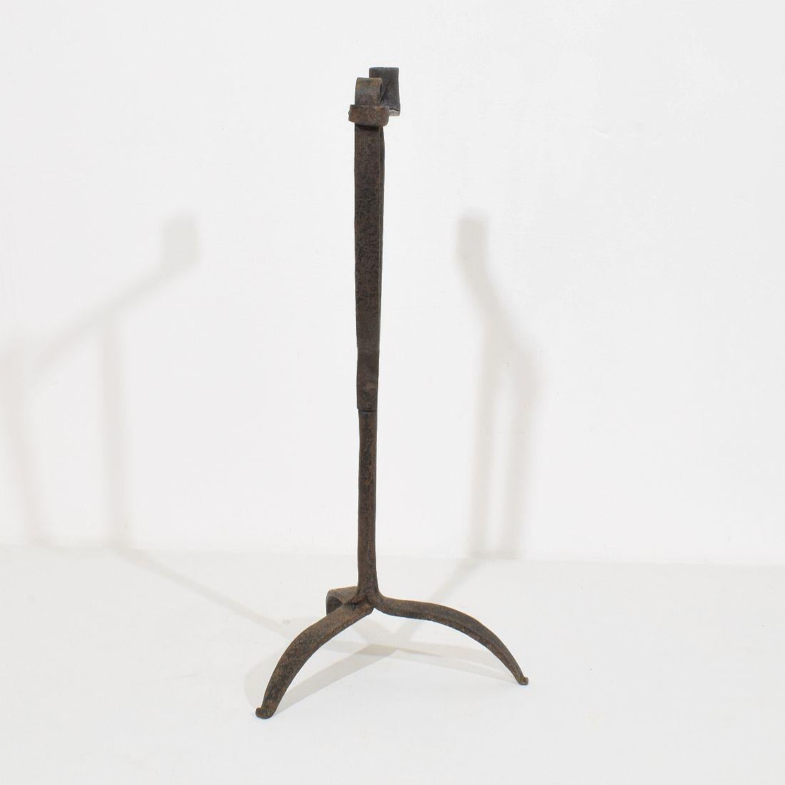 Rustic French 18th Century Hand Forged Iron Candleholder For Sale